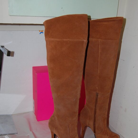 7.5❤️Betsey Johnson Suede Oiled Leather Over the Knee High Heels Platform BOOTS - Picture 6 of 12